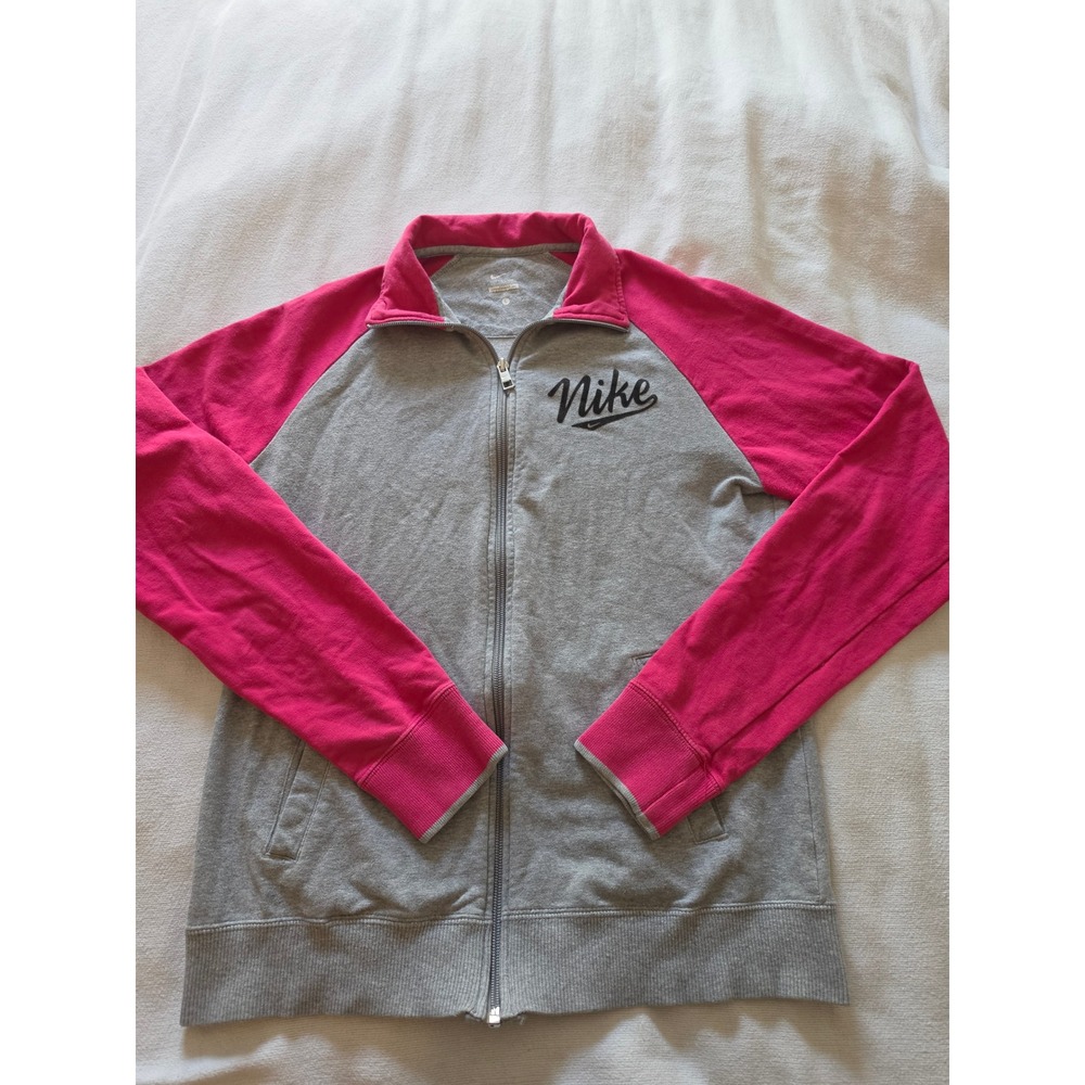 Vintage Nike Track Jacket Grey Pink Raglan Full Zip Sweatshirt L